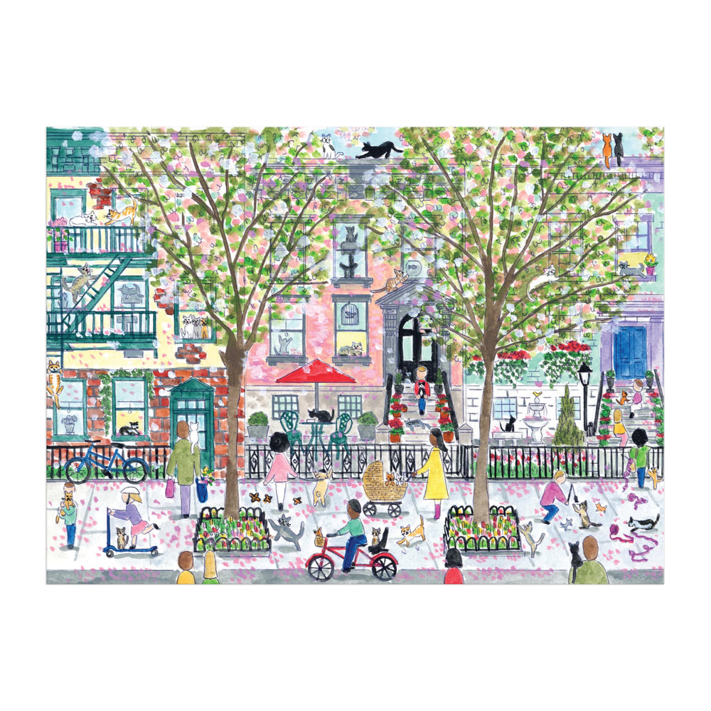 Galison Michael Storrings cats in the city garden scene close-up; crisp color for avid solvers