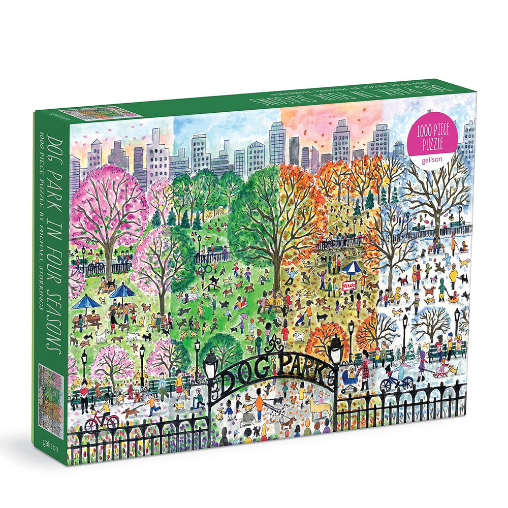 Galison Michael Storrings Dog Park four-seasons puzzle—vivid scene for mindful relaxation.
