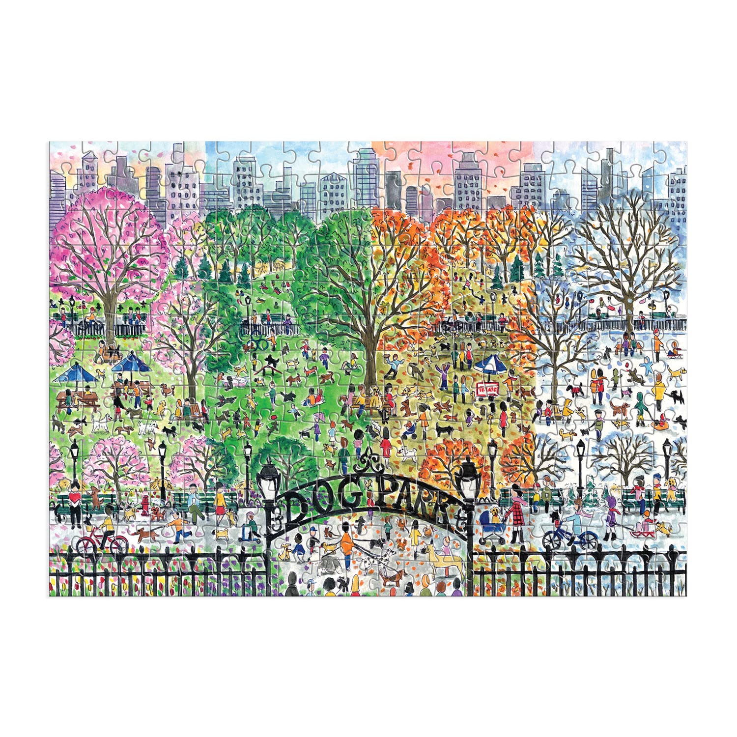 Detailed Michael Storrings dog park illustration on Galison puzzle for focused time.