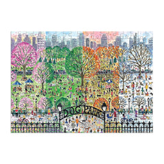 Detailed Michael Storrings dog park illustration on Galison puzzle for focused time.
