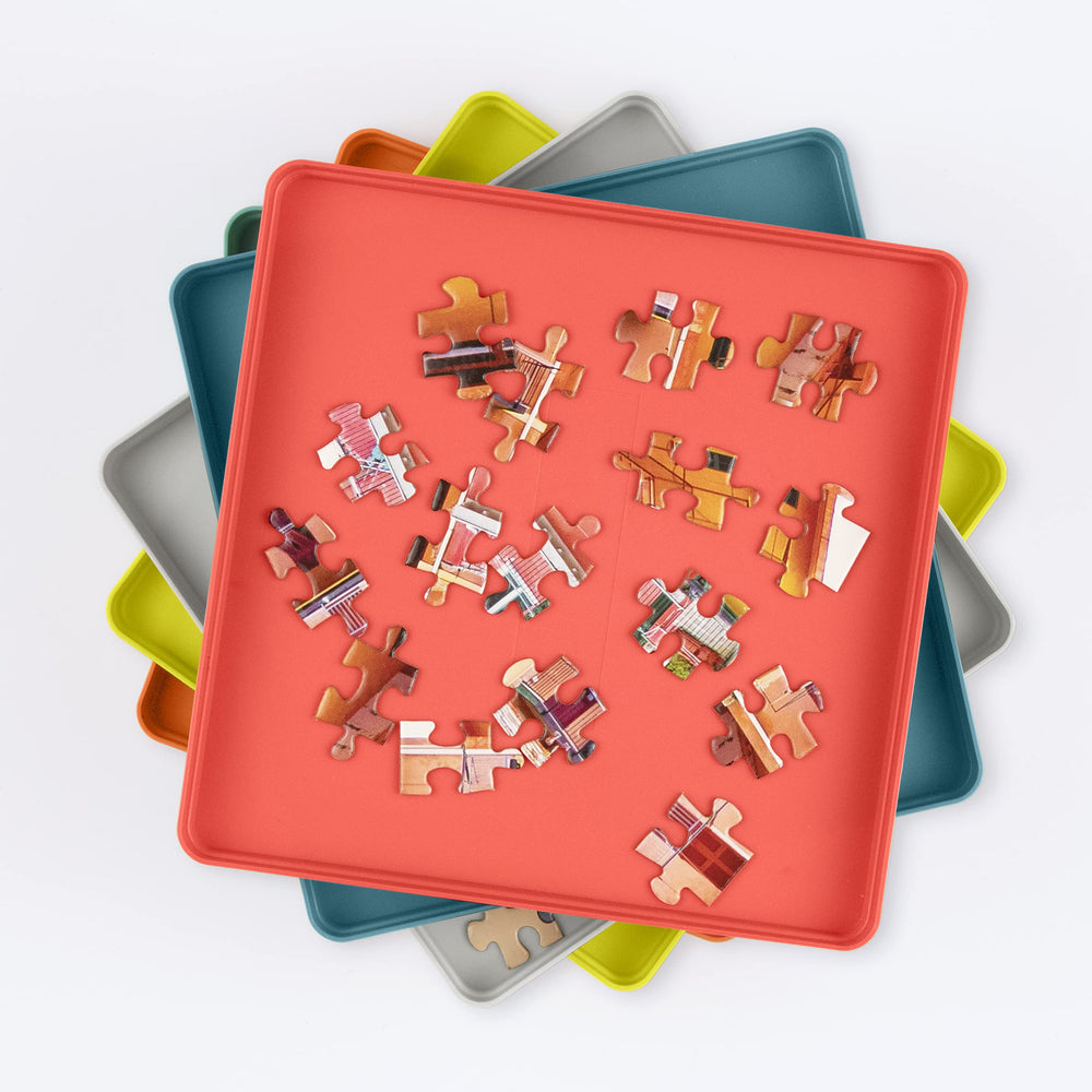Galison Puzzle Sorting Tray Set with lid on top tray keeps puzzle pieces secure