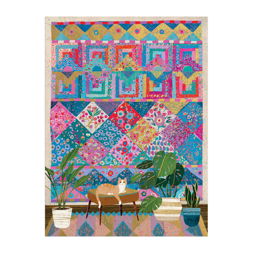 Galison Quilter's Corner puzzle pieces close-up highlight quilt patterns.