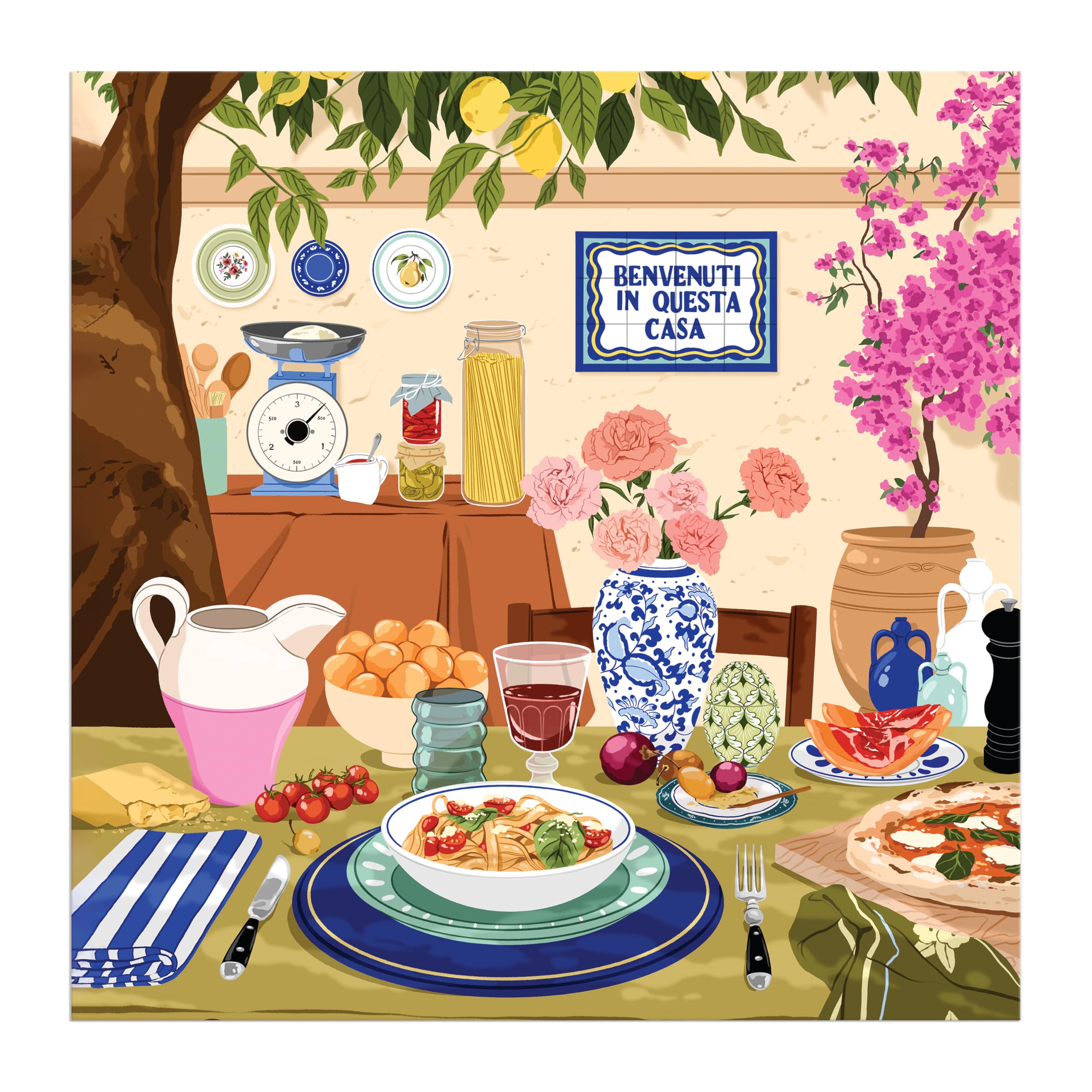 Galison Tuscan Afternoon dining-table scene, sparks creative focus during shared moments.