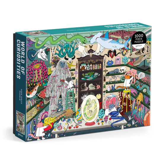 Galison World of Curiosities puzzle box with 1000 pieces for family puzzling.