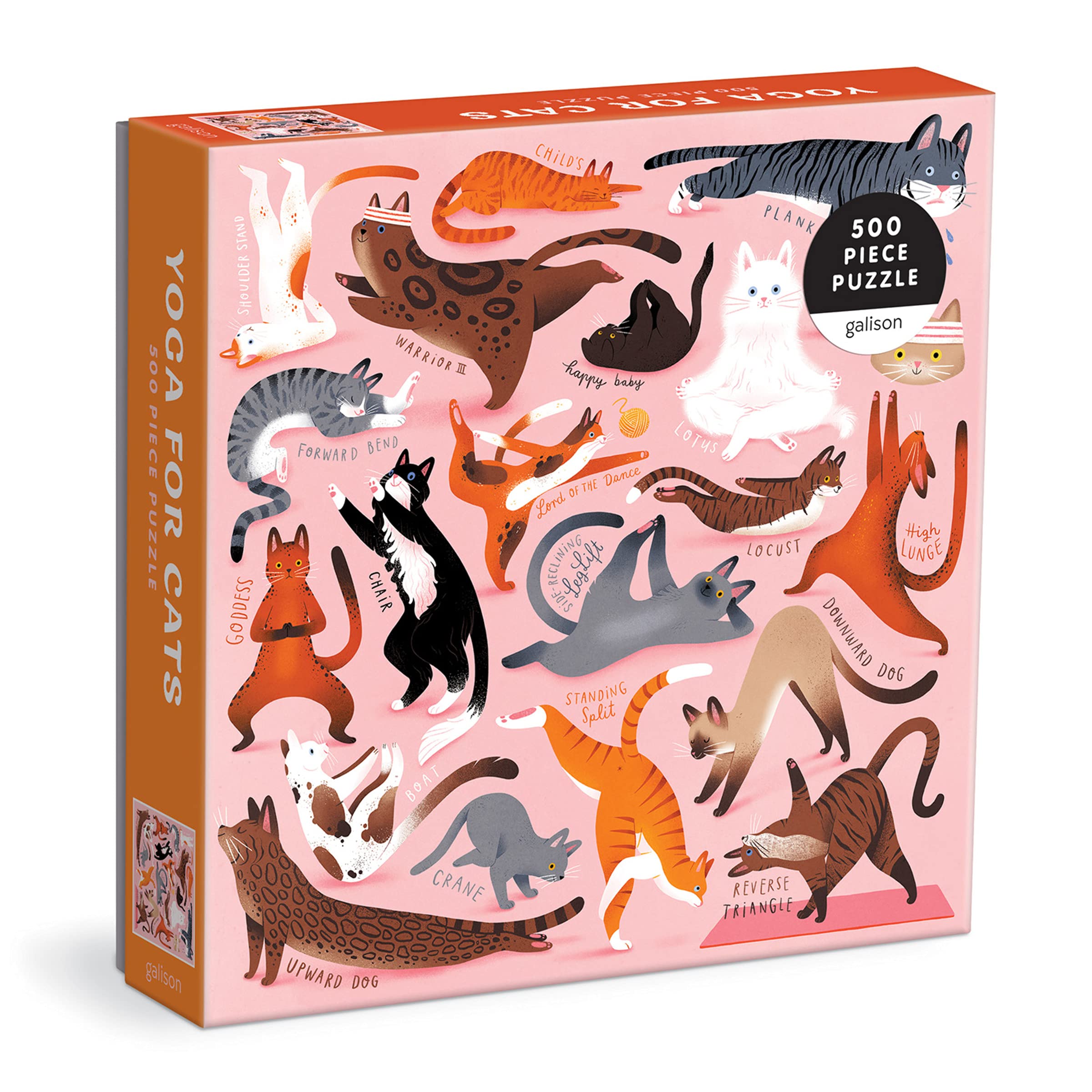 Galison Yoga for Cats puzzle cover shows playful yoga cats in bright colors.