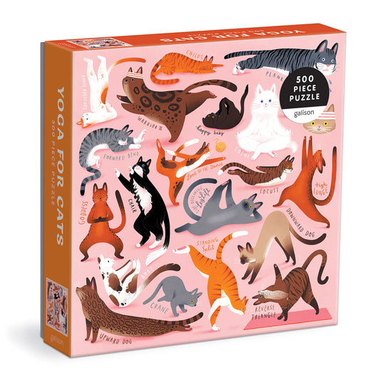 Galison Yoga for Cats puzzle cover shows playful yoga cats in bright colors.