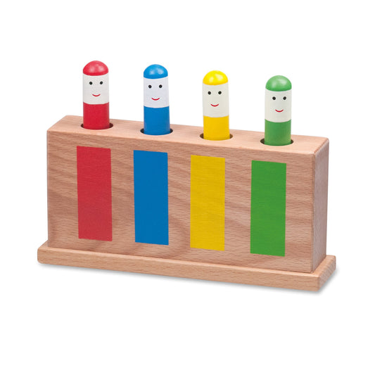Galt Pop Up Toy with wooden figures ready for hand-eye coordination play.