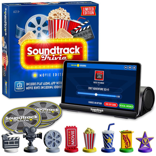 Game Night Media Soundtrack Trivia Limited Edition box with game pieces for family fun.
