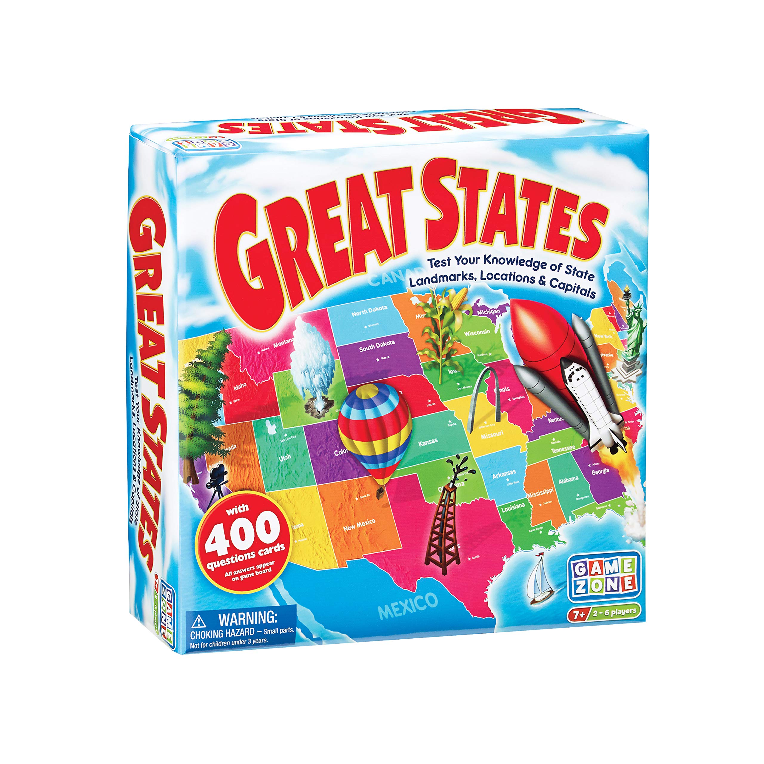 Game Zone Great States board game cover featuring a colorful map for family learning.
