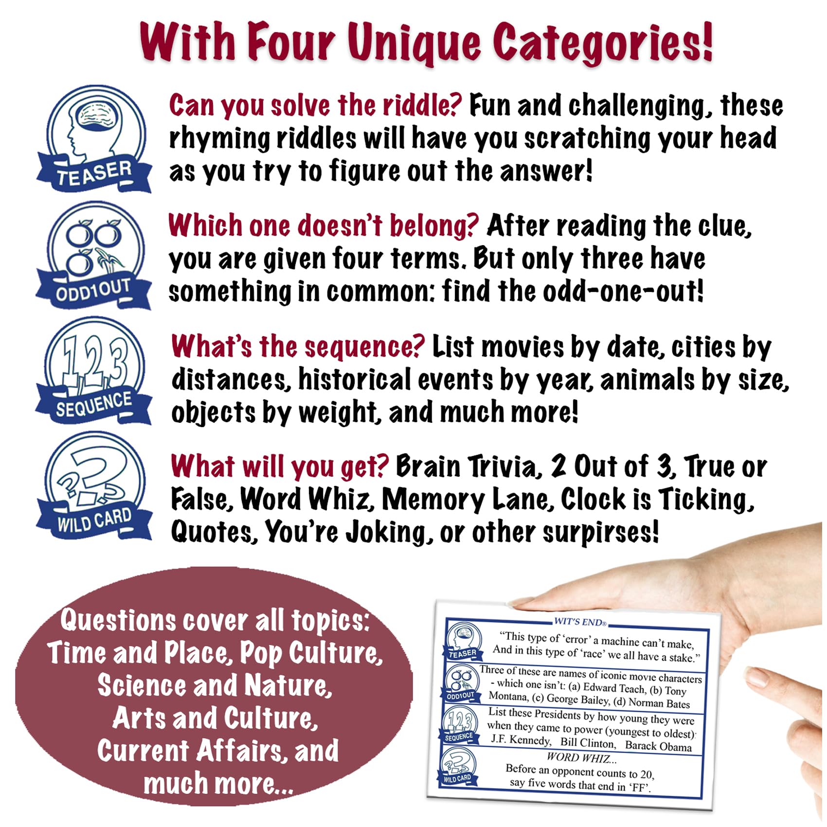 Wit's End Odd-1-Out card highlights deduction and pattern recognition.