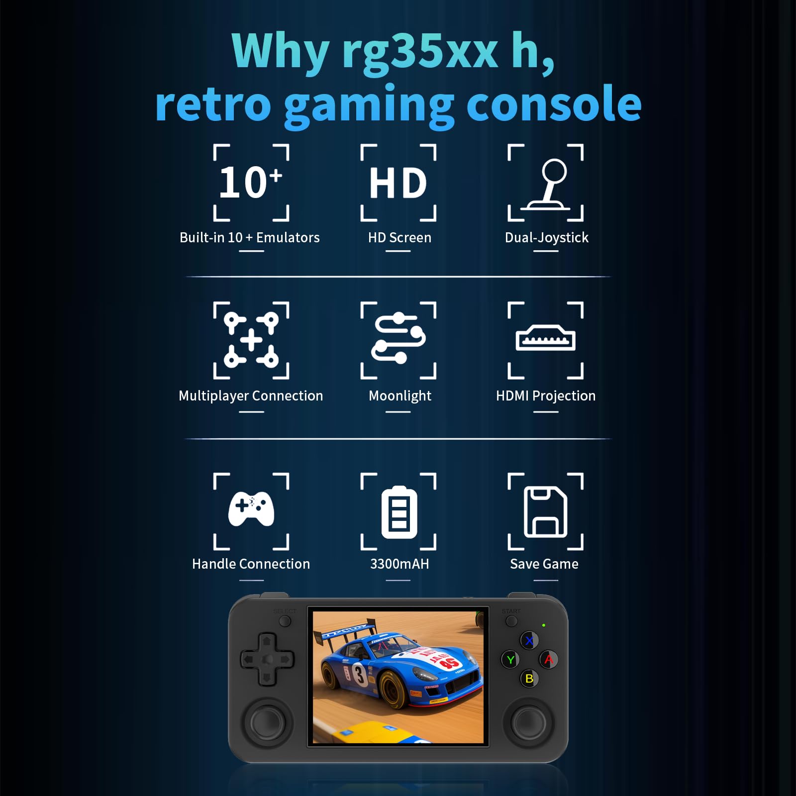 GameLo RG35XX H 3300mAh battery supports extended play with USB-C charging