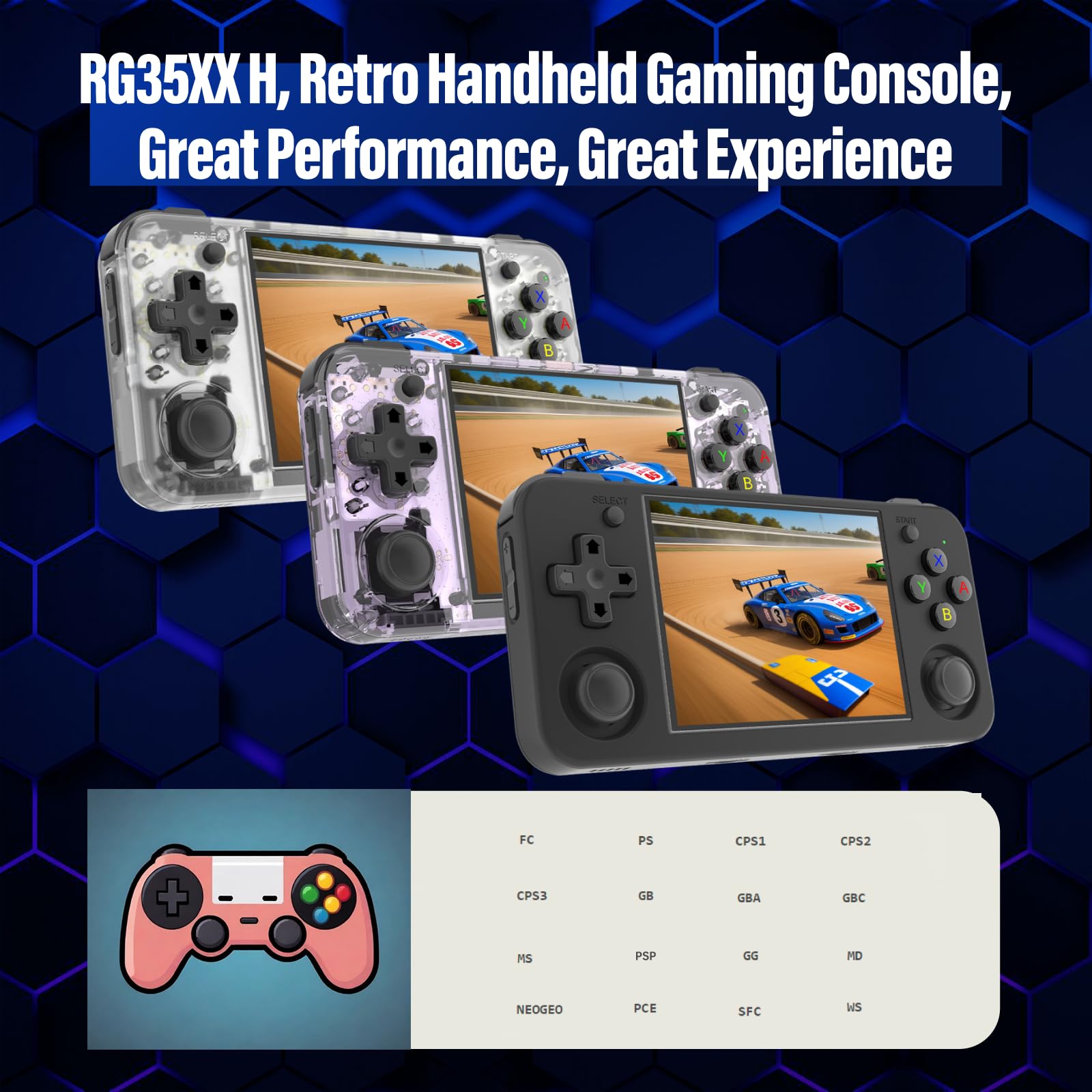 GameLo RG35XX H emulator menu highlights 10+ built-in emulators.