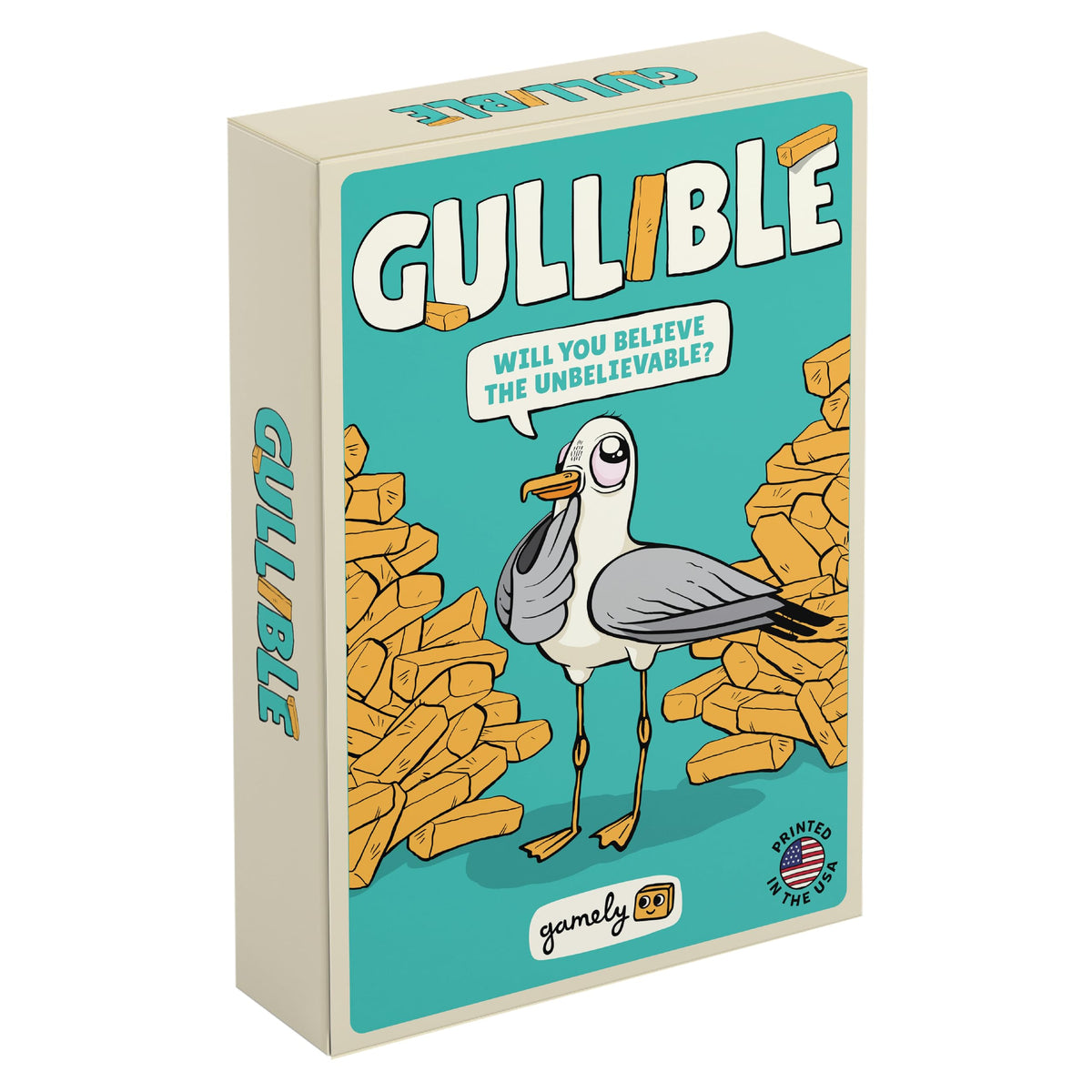Gamely Gullible box and cards ready for quick, playful party setup.