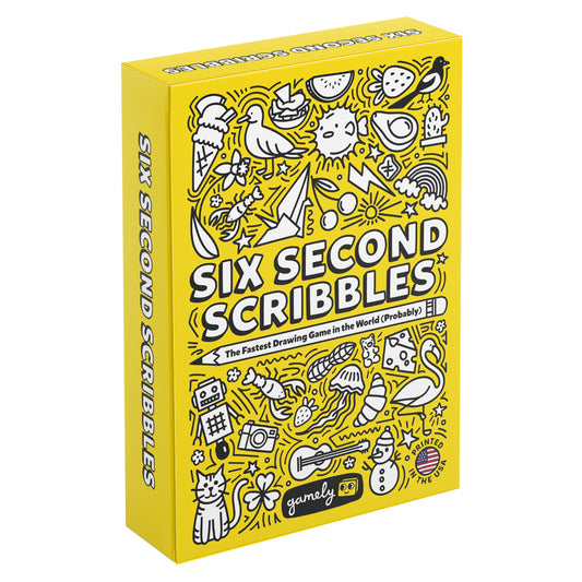 Gamely Six Second Scribbles box front showcases a compact, family-friendly party game.