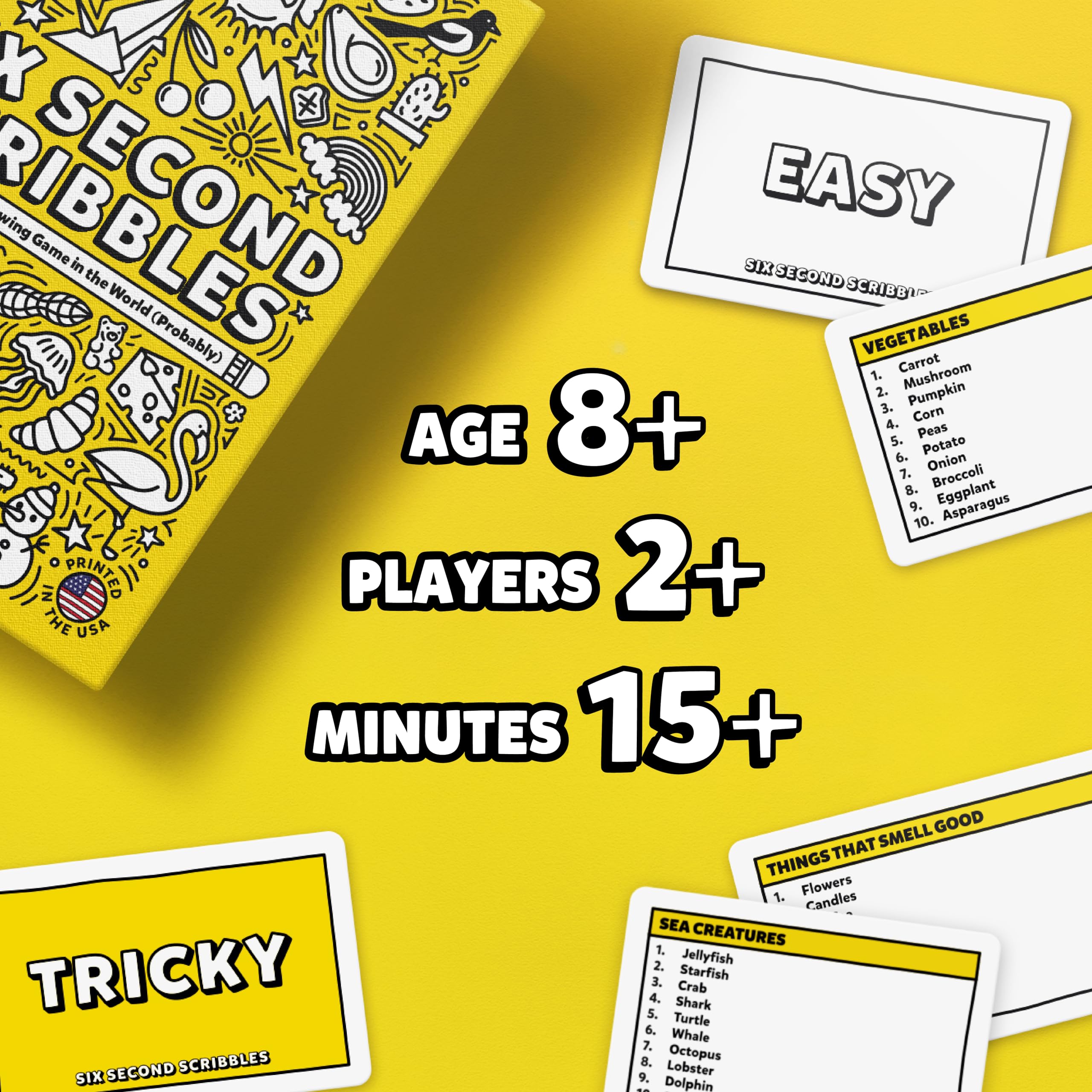 Gamely Six Second Scribbles doodle cards highlight quick, hilarious drawing prompts for groups.