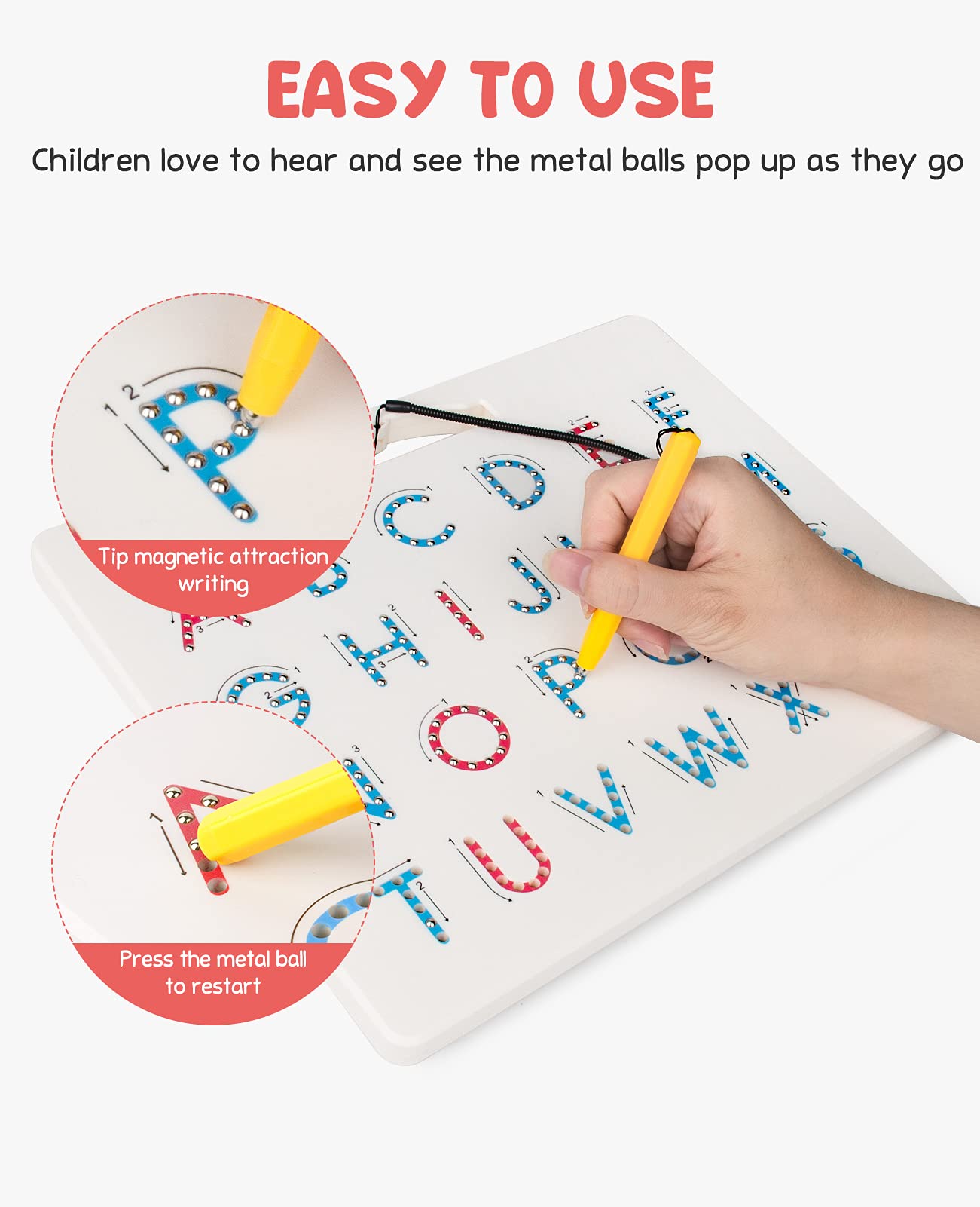 GAMENOTE beads pop with tracing letters for tactile feedback.