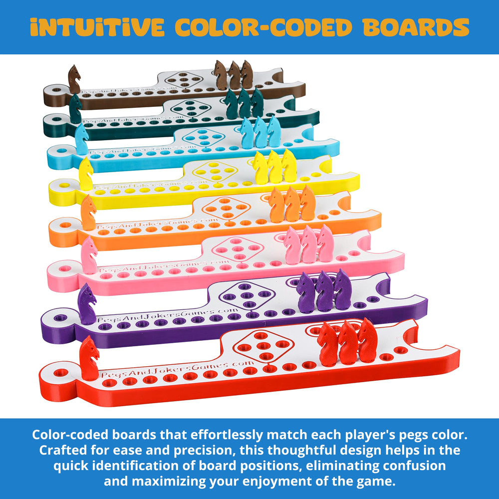 GAMES BY 3D Pegs and Jokers color-coded boards simplify learning and quick setup.