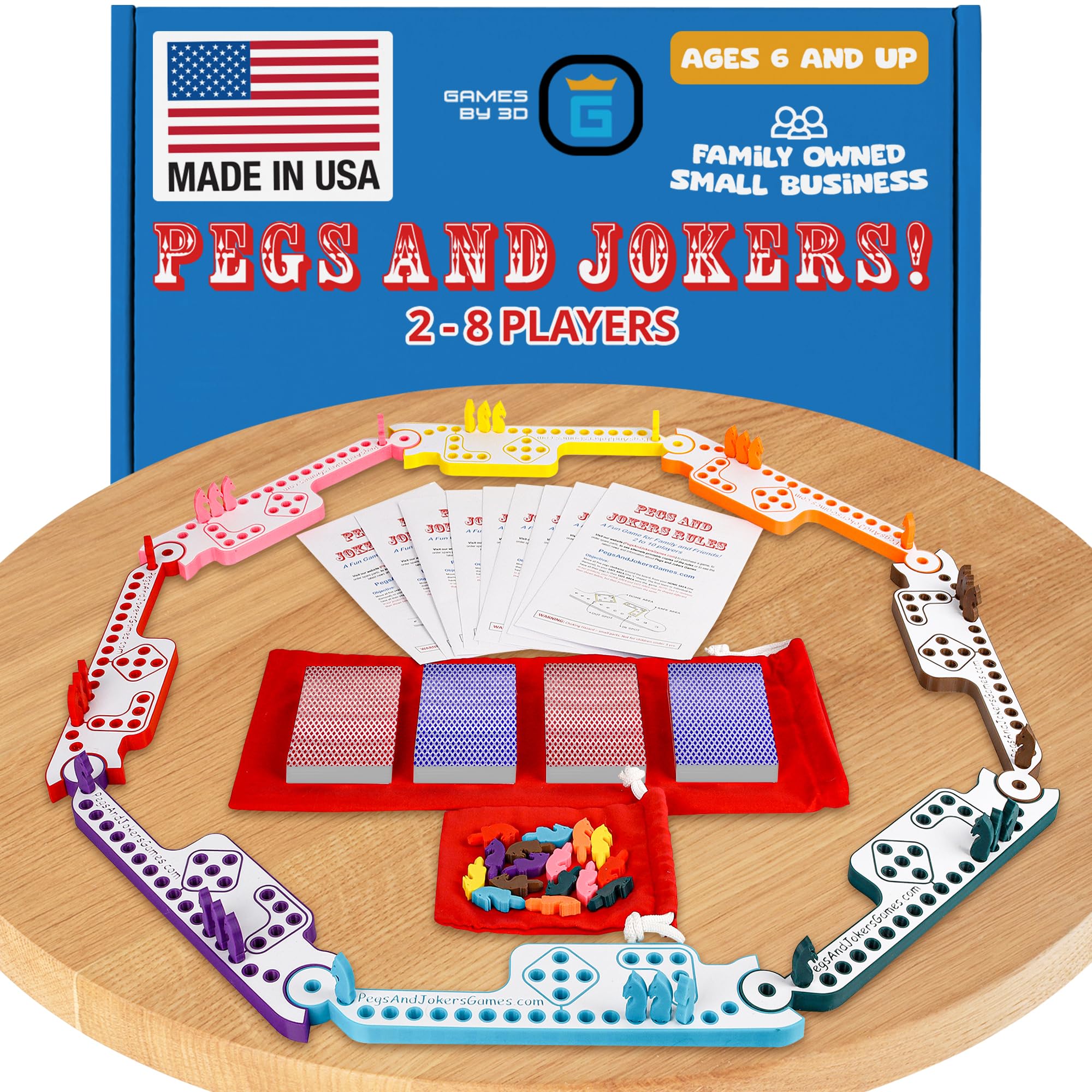 GAMES BY 3D Pegs and Jokers with horse-head pegs offer tactile fun during family game night.