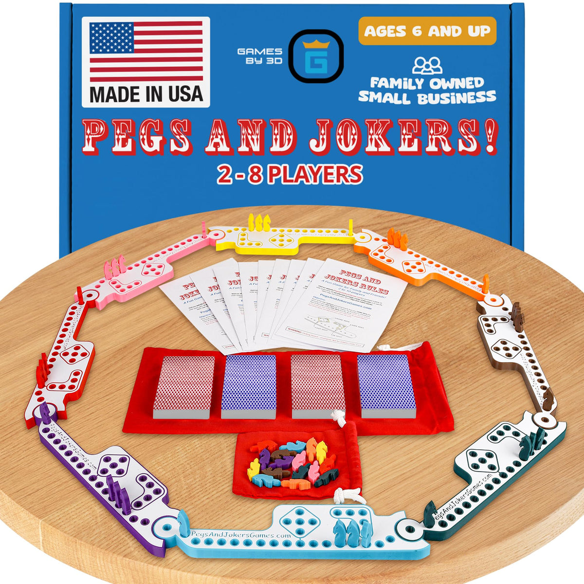 GAMES BY 3D Pegs and Jokers with horse-head pegs offer tactile fun during family game night.