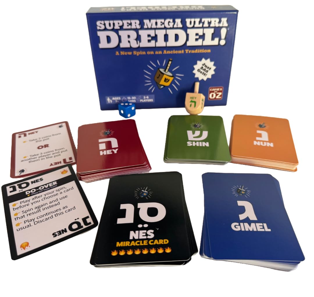Games by Oz Super Mega Ultra Dreidel box set shown for family holiday fun