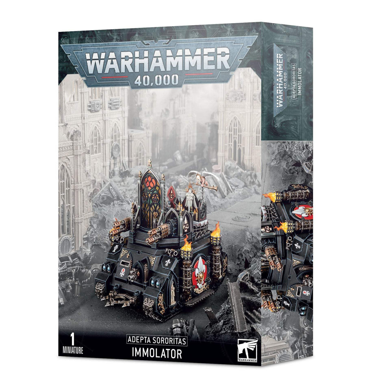 Games Workshop Adepta Sororitas Immolator battle tank with cleansing flame for dramatic tabletop battles.