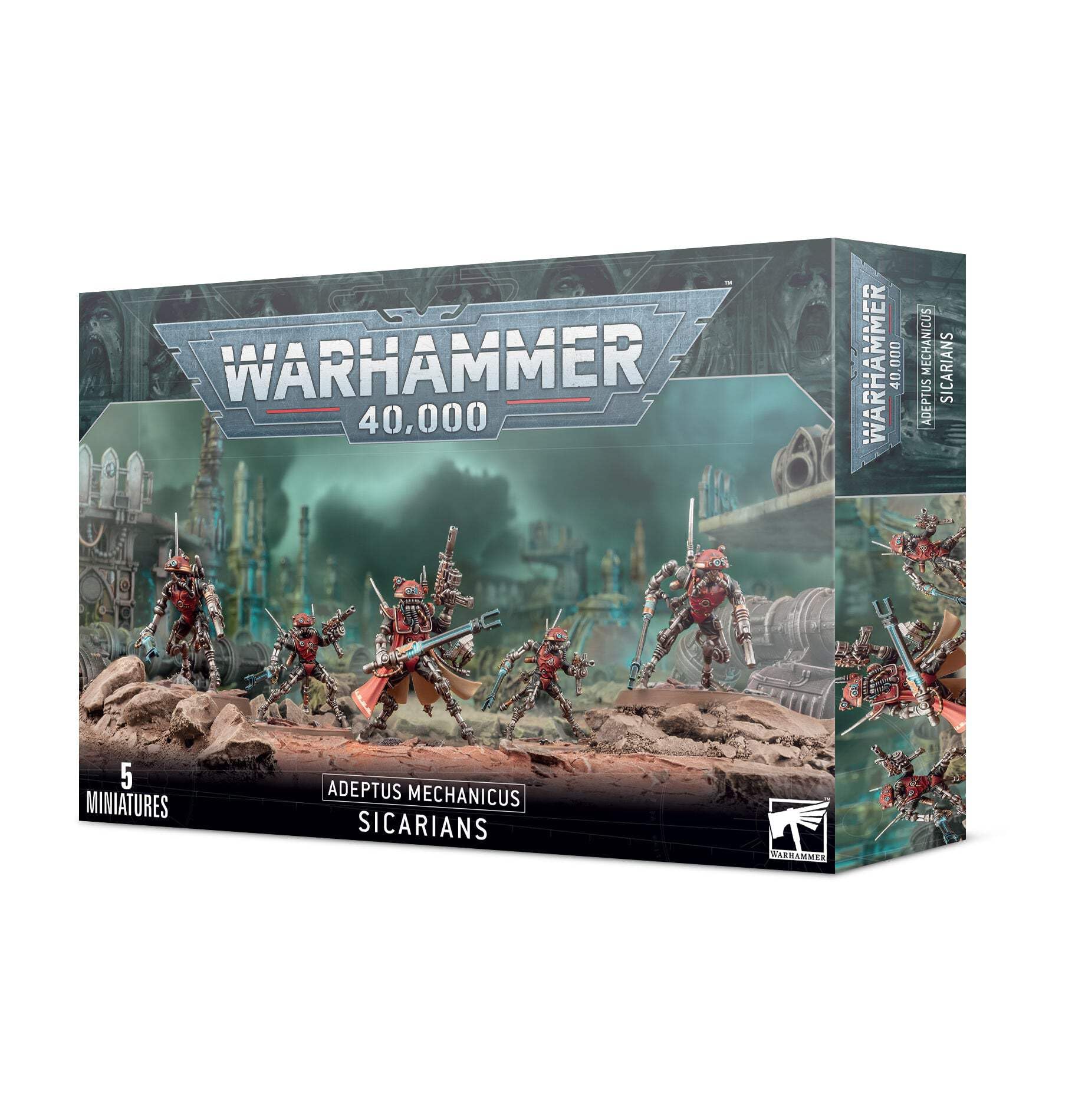 Games Workshop Adeptus Mechanicus Sicarian box art miniatures for hobby painting and tabletop battles.