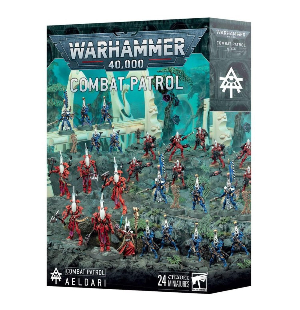 Games Workshop Aeldari Combat Patrol unboxing image showing the full squad lineup.