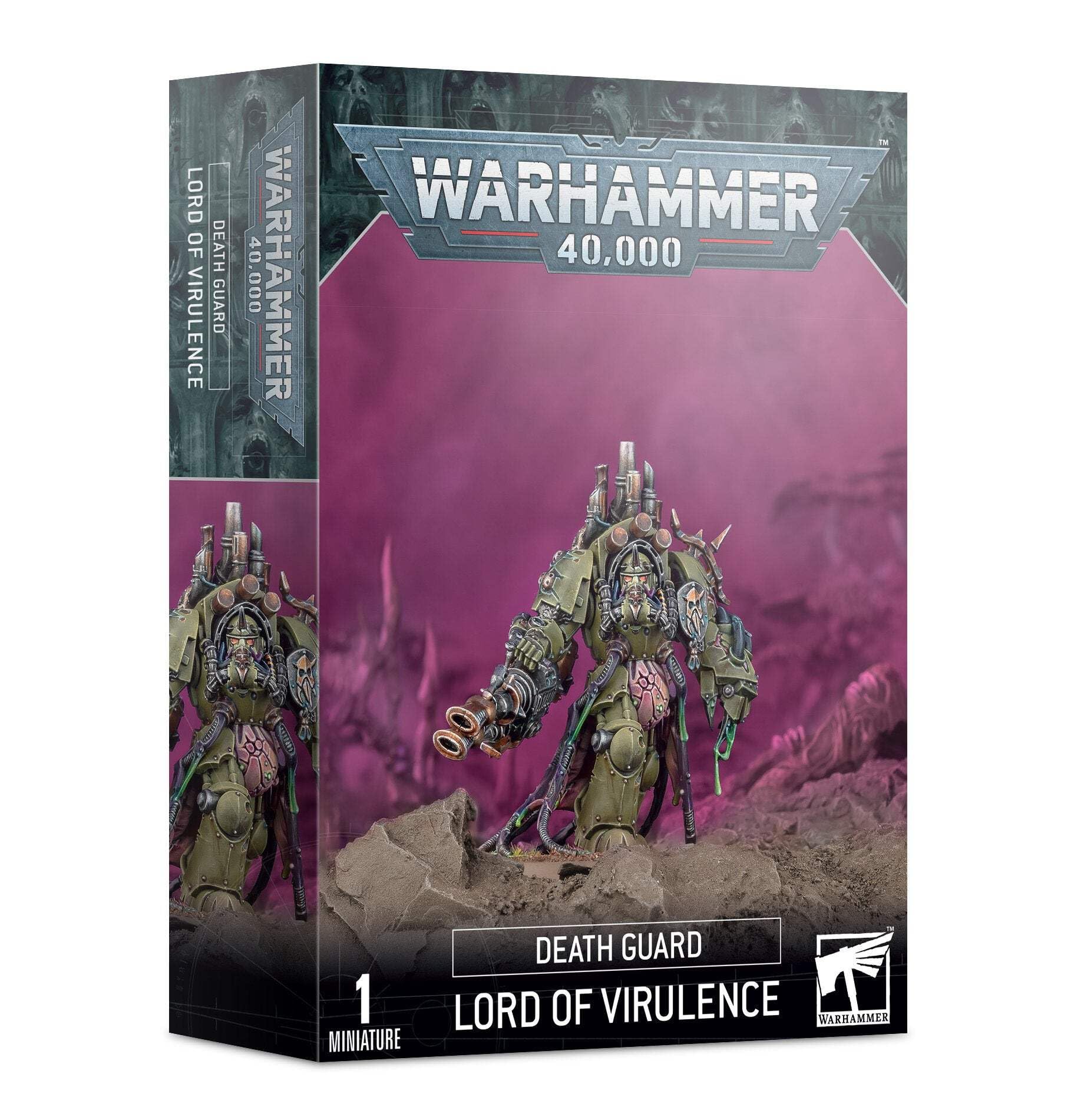 Games Workshop Death Guard Lord of Virulence model with plague weapons for tabletop battles.