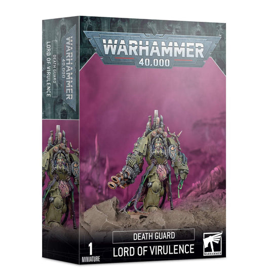 Games Workshop Death Guard Lord of Virulence model with plague weapons for tabletop battles.