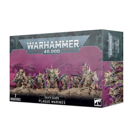 Games Workshop Death Guard Plague Marines assembly kit for a 7-model squad, ideal for hobby display.