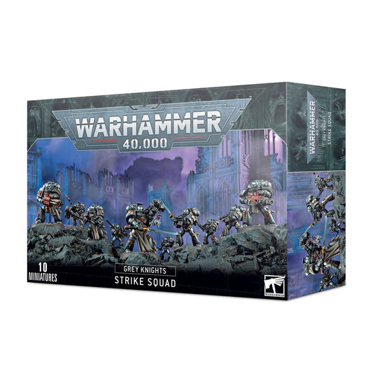 Games Workshop Grey Knights Strike Squad box front, perfect for hobby setup and display.