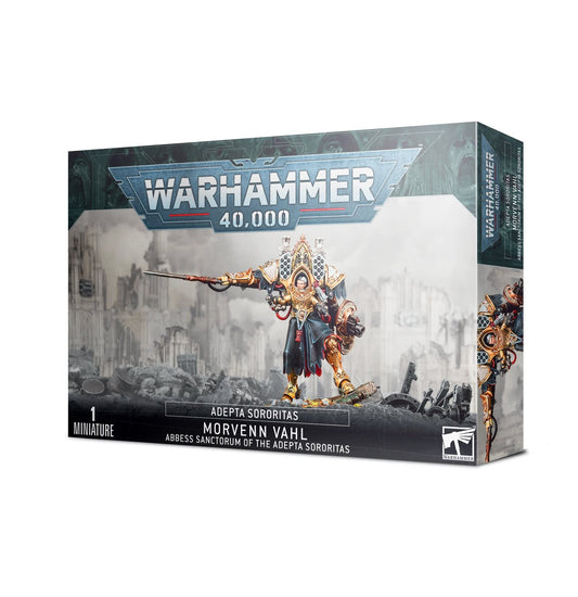 Games Workshop Morvenn Vahl Abbess Sanctorum miniature, front view, ideal for tabletop battles and display.