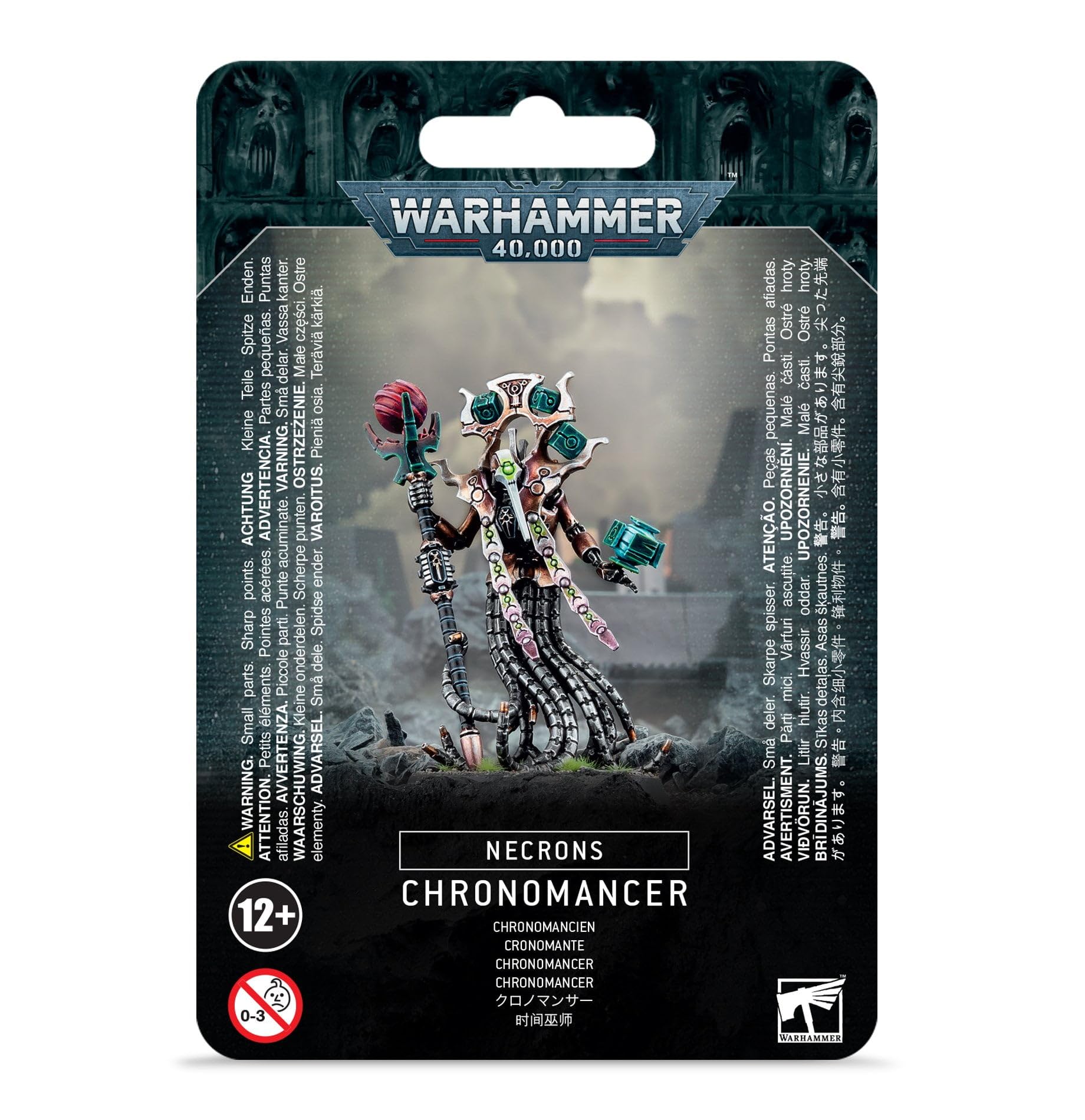 Games Workshop Necron Chronomancer kit showing aeonstave and entropic lance options.