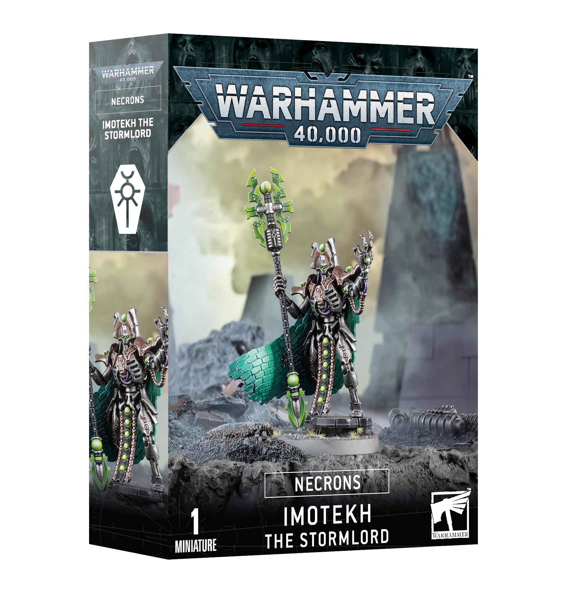 Games Workshop Necrons Imotekh Stormlord in dynamic pose for tabletop battles.