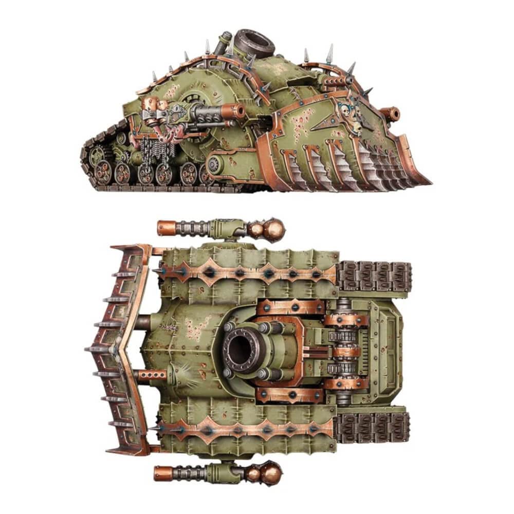 Plagueburst Crawler dozer blade close-up emphasizes rugged front armor and decorative Nurgle symbol