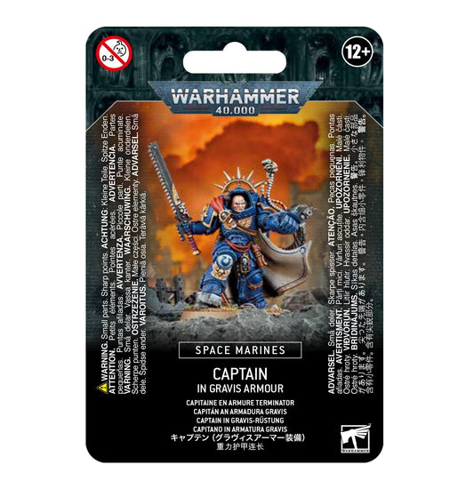 Games Workshop Primaris Captain in Gravis Armour, front view, ideal for commanding tabletop battles.