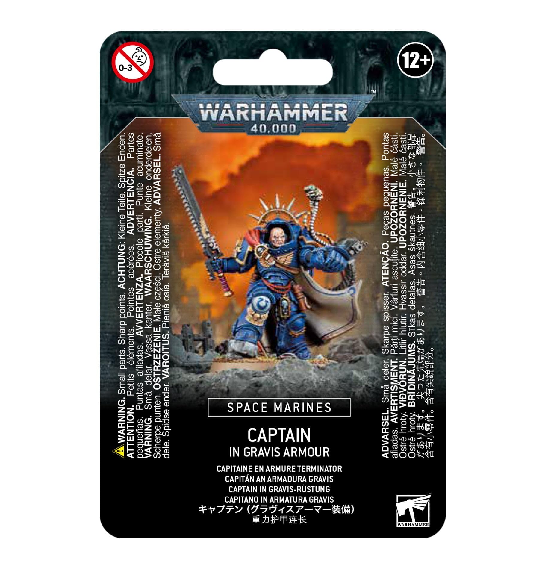 Games Workshop Primaris Captain in Gravis Armour, dynamic melee pose, great for dramatic battlefield displays.