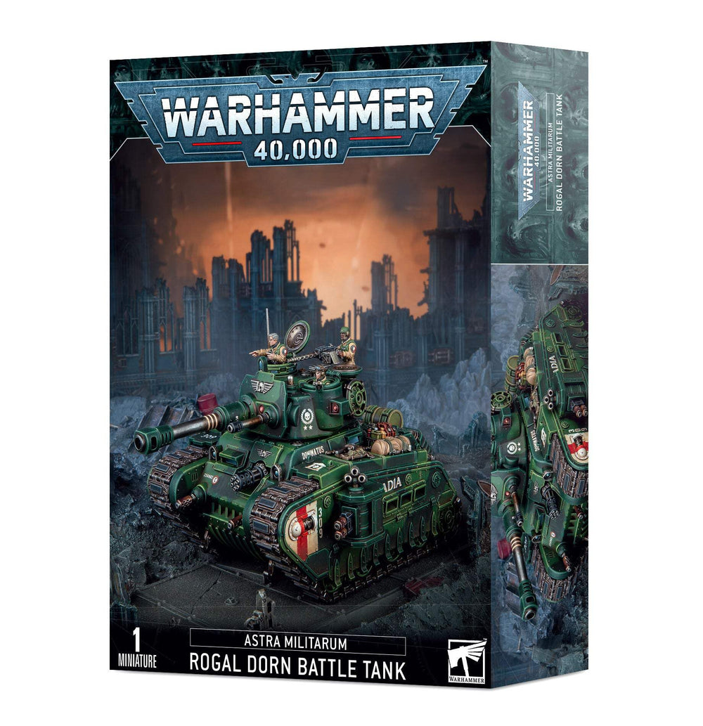 Games Workshop Rogal Dorn Battle Tank front view showing detailed armor for tabletop battles