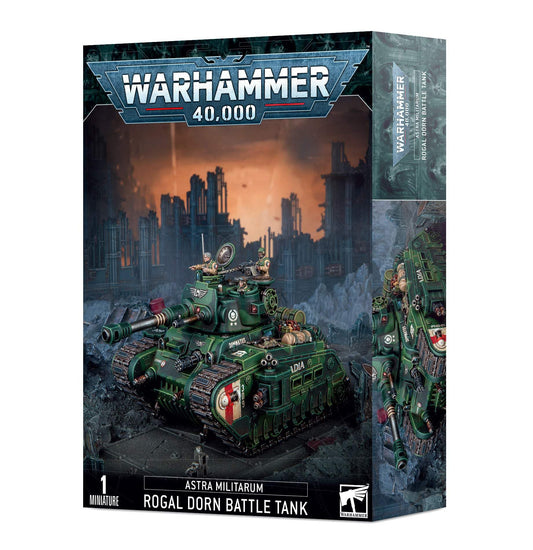 Games Workshop Rogal Dorn Battle Tank front view showing detailed armor for tabletop battles