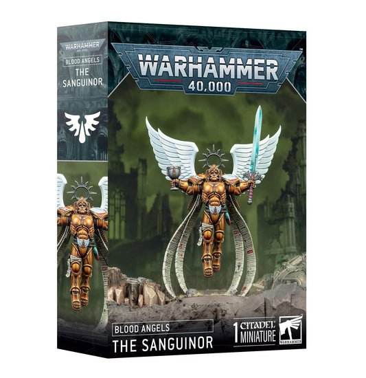 Games Workshop Sanguinor miniature wielding Encarmine Broadsword for dramatic battlefield display.