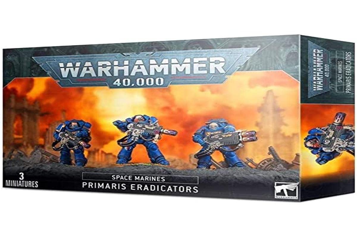 Games Workshop Space Marine Primaris Eradicators in black armour, ideal for tabletop battles.