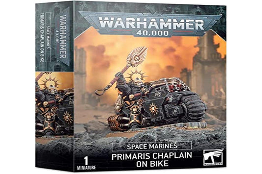Games Workshop Space Marines Primaris Chaplain on Bike in black armor, ideal for dynamic display and tabletop battles.