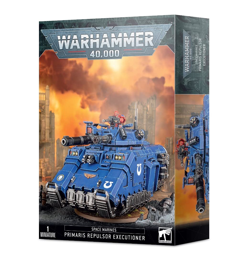 Games Workshop Space Marines Primaris Repulsor Executioner front view, showcasing armored transport and heavy firepower.
