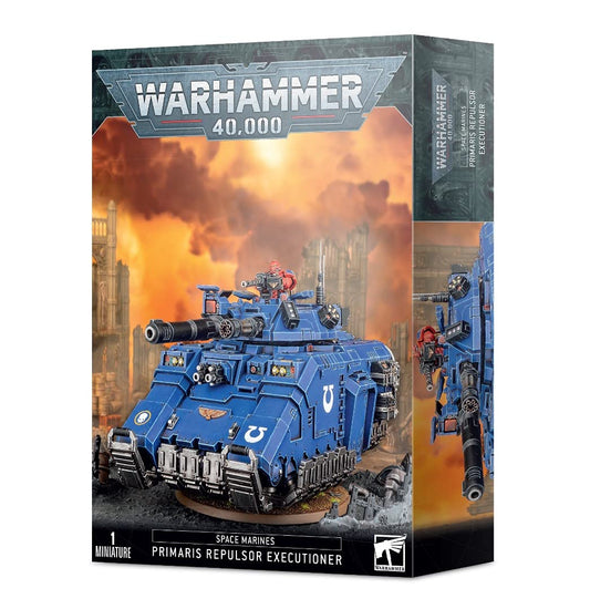 Games Workshop Space Marines Primaris Repulsor Executioner front view, showcasing armored transport and heavy firepower.