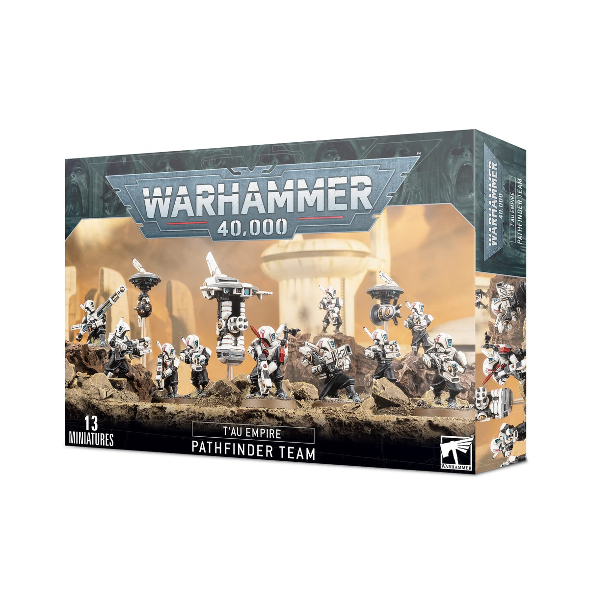 Games Workshop Tau Pathfinder Team box front, showcasing versatile pose options for epic battles.