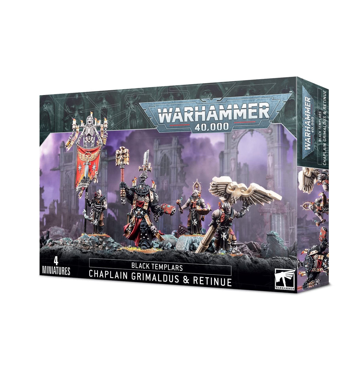 Games Workshop Black Templars Grimaldus and cenobyte servitors, ready to lead a tabletop battle.