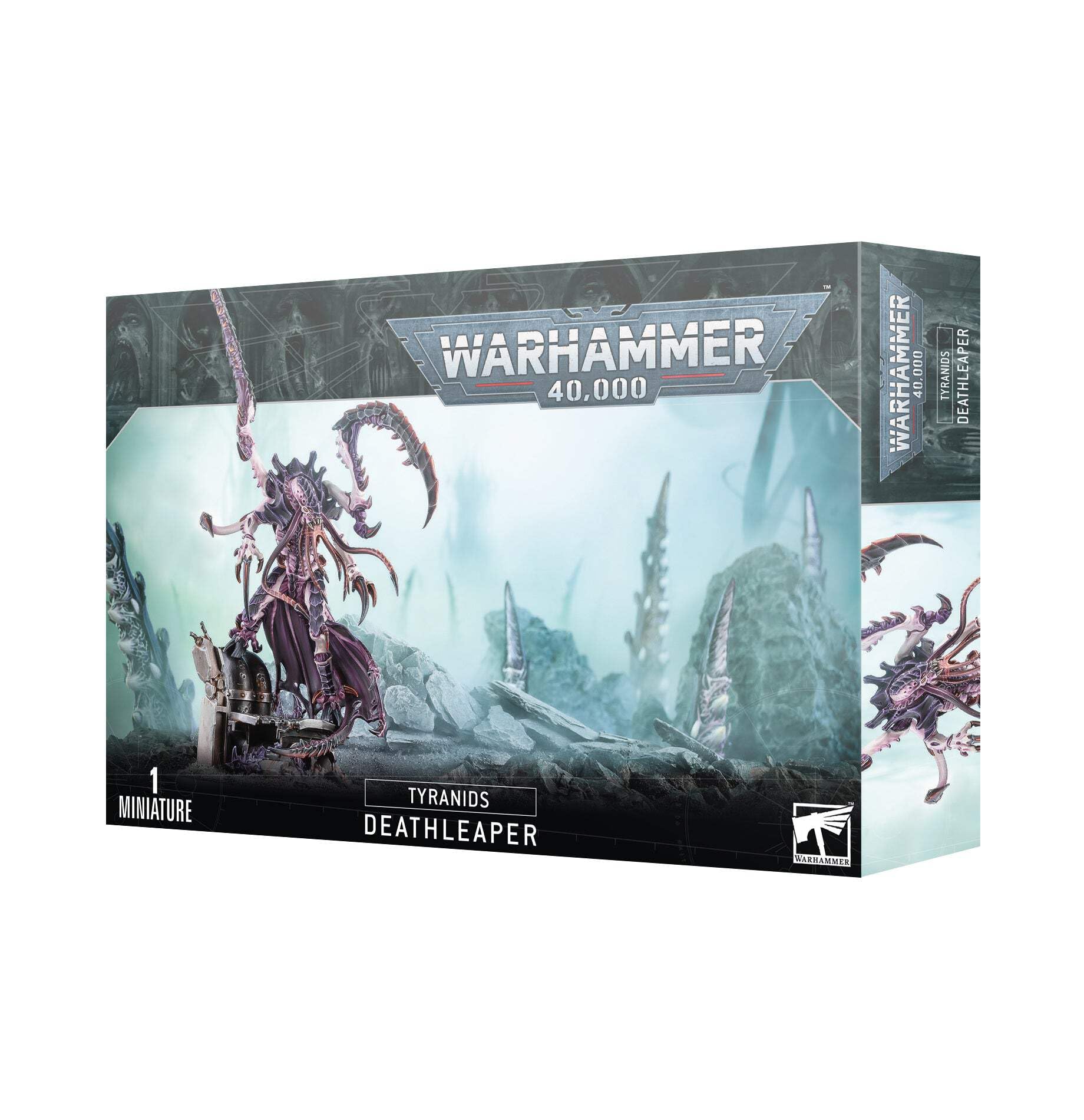 Games Workshop Deathleaper miniature perched on ruins, a dramatic centerpiece for Tyranids collections.