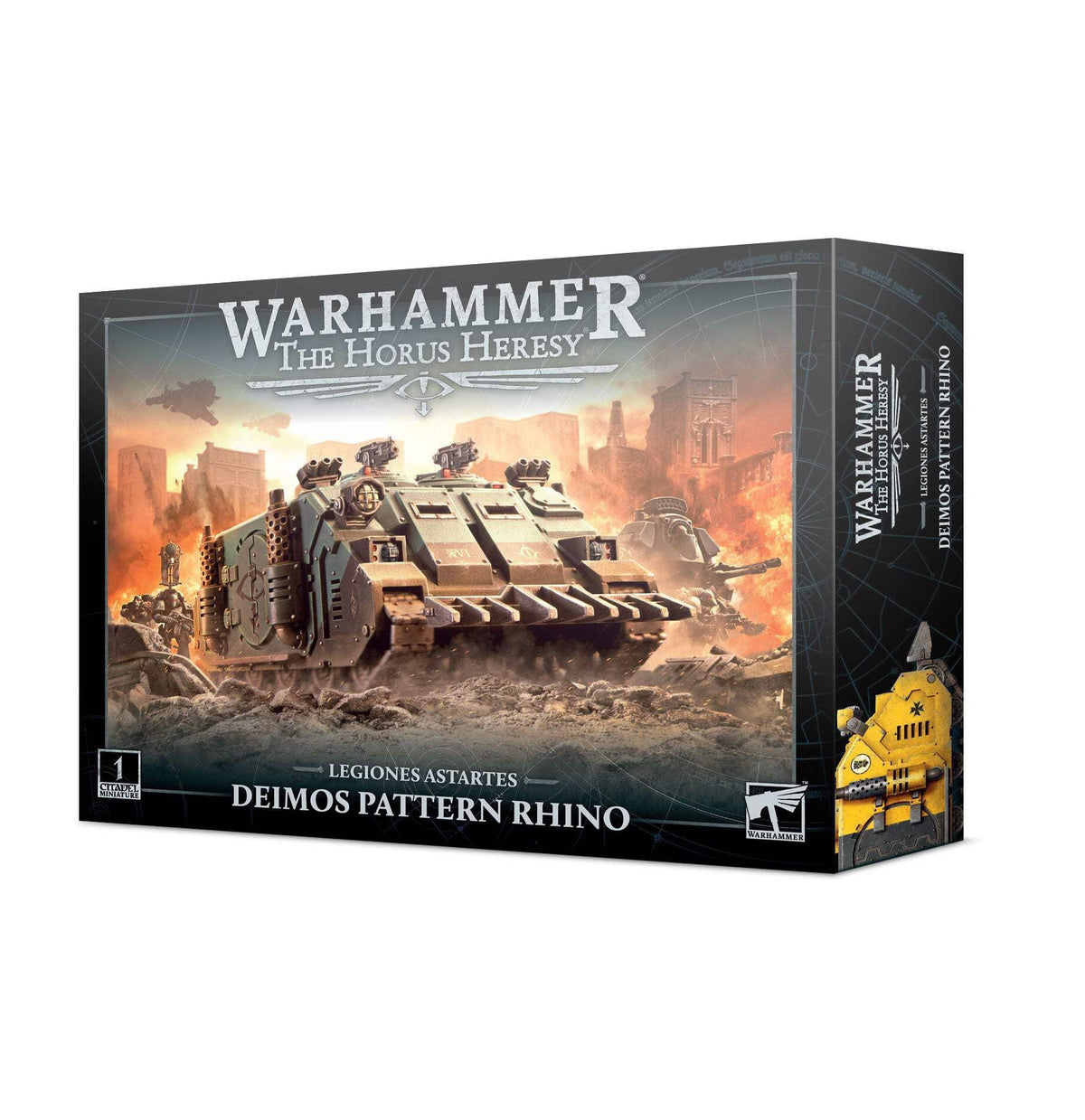 Games Workshop Warhammer Deimos pattern Rhino side view; versatile transport for Legionaries with customizable weapons.