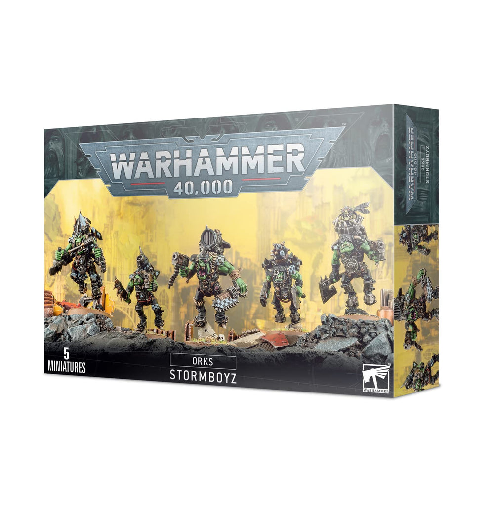Games Workshop Warhammer Ork Stormboyz 2018 box art showcases dynamic airborne poses.