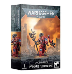 Games Workshop Space Marine Primaris Techmarine wielding Omnissian power-axe for field repairs.